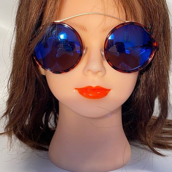 1356 Round Sunglasses Tortoise and Silver Frames Blue Mirror Lens NWT main image 4